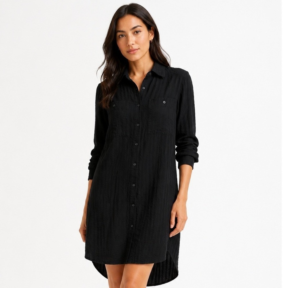 Everlane Women Black Textured Dobby Shirt Dress Long Sleeve Button Down XXS